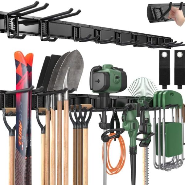 LBT 66" Garage Tool Organizer Wall Mount - 720lbs Garden Tool Organizer with Adjustable Hooks, Heavy Duty Metal Garage Storage Rack, Anti-Rust Shed Rack Holder Hanging Rake Broom Mower Snowboard
